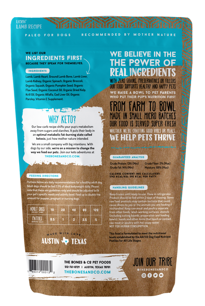 Bones & Co. Lickin' Lamb Recipe Raw Frozen Patties Dog Food