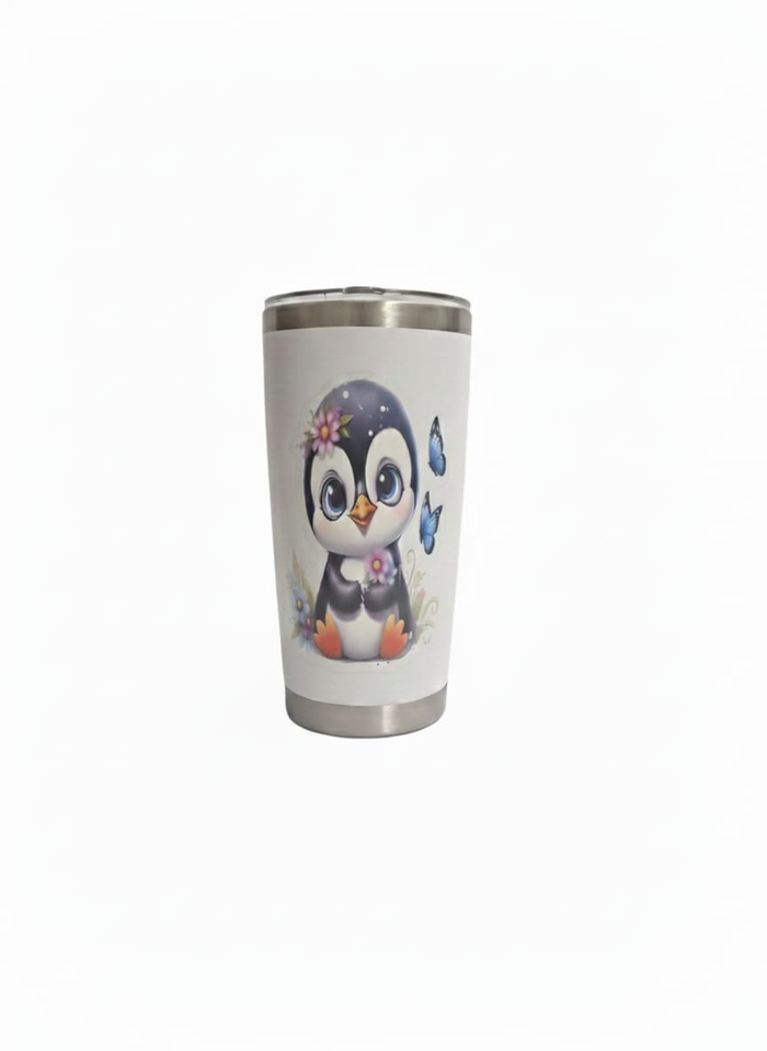 Cute Penguin with Butterflies 20oz Insulated Tumbler- UV-DTF Wrapped. - Craftique Fusion Ltd