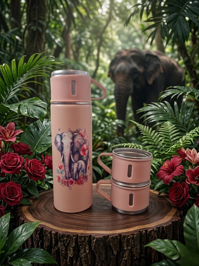 Elephant and Baby - 3 Piece Insulated Flask set - UV-DTF Wrapped - Craftique Fusion Ltd