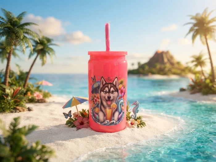 Happy Husky Hot Pink 16oz Plastic Tumbler