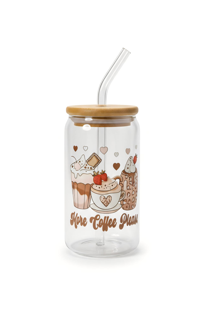 More Coffee Please - 16oz Glass Tumbler- UV-DTF Wrapped - Craftique Fusion Ltd