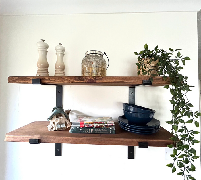 Custom Bespoke Handmade Timber Pine Furniture shelving with 2 heavy duty black matte metal brackets. Organisation, decor display, feature wall.  Industrial, rustic, modern, retro style. Garage, pantry or living room nursery. Best space saving shelving