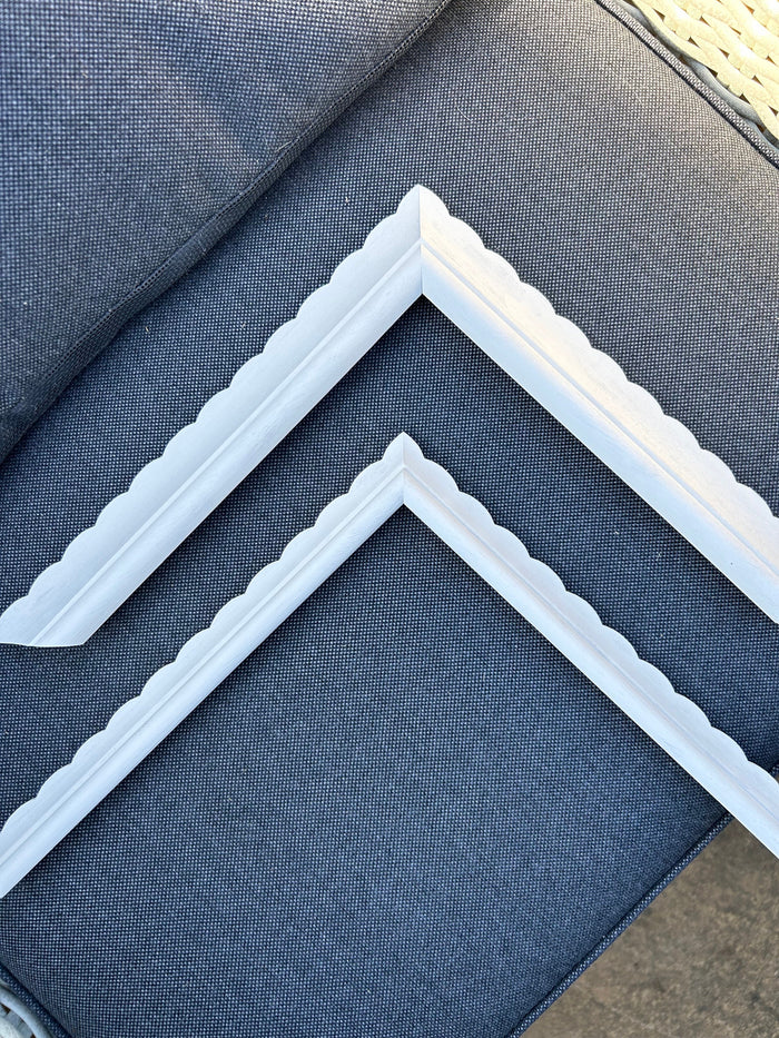 Scallop shaped hand painted wooden larger version 35mm picture frames bespoke made to order. Any colour available