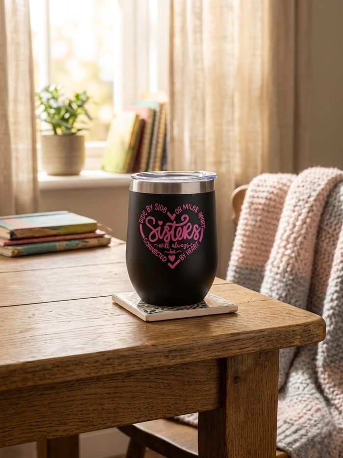 Sister's Always - 12oz Insulated stainless steel Tumbler UV-DTF Wrapped - Craftique Fusion Ltd