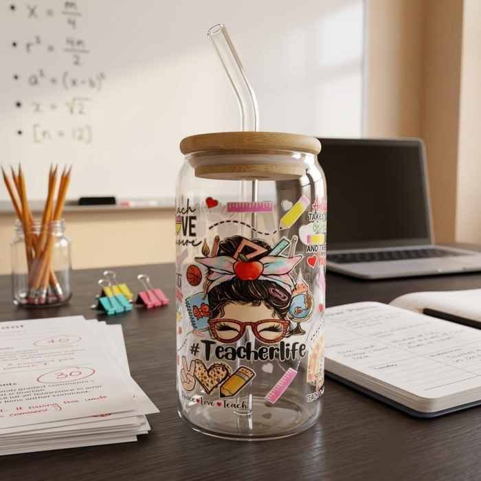 Teacher Life - 16oz Glass Tumbler - UV DTF Wrapped - Craftique Fusion Ltd