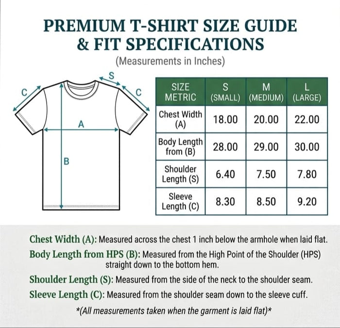 T-shirt size guide with measurements in inches