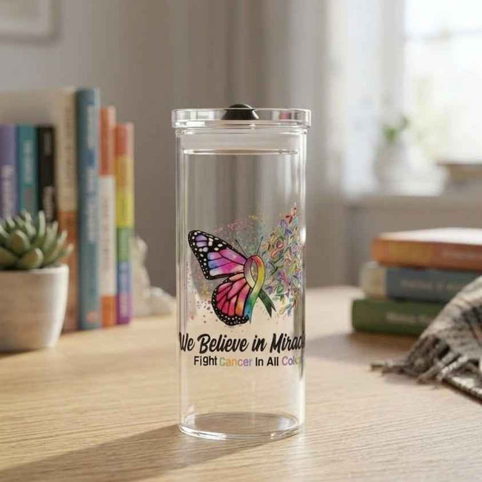 We Believe in Miracles Fight Cancer 16oz Glass Tumbler with Straw- UV-DTF Wrapped