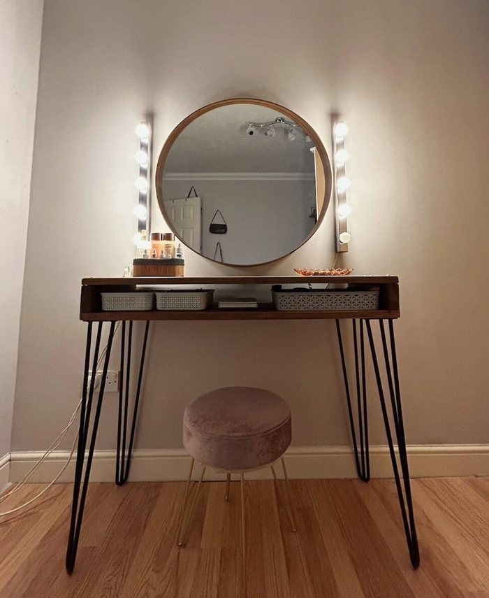Custom Bespoke Handmade Timber Pine Furniture Dressing table console with open drawer, cable organiser, console area and hairpin legs. Industrial, rustic, modern, retro style. Suitable for hairdressing station.